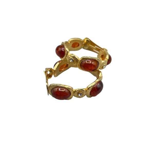 Signed Kenneth Lane Clip On Hoops Earrings Flawed Faux Carnelian Cabochons - Picture 1 of 9